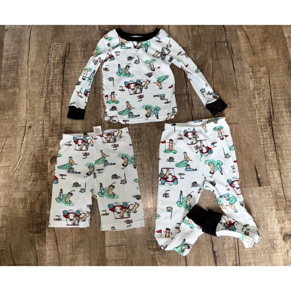PJ Essentials Kids 4T Golfing Dogs 3 Piece Pajama Set Top Pants Shorts White